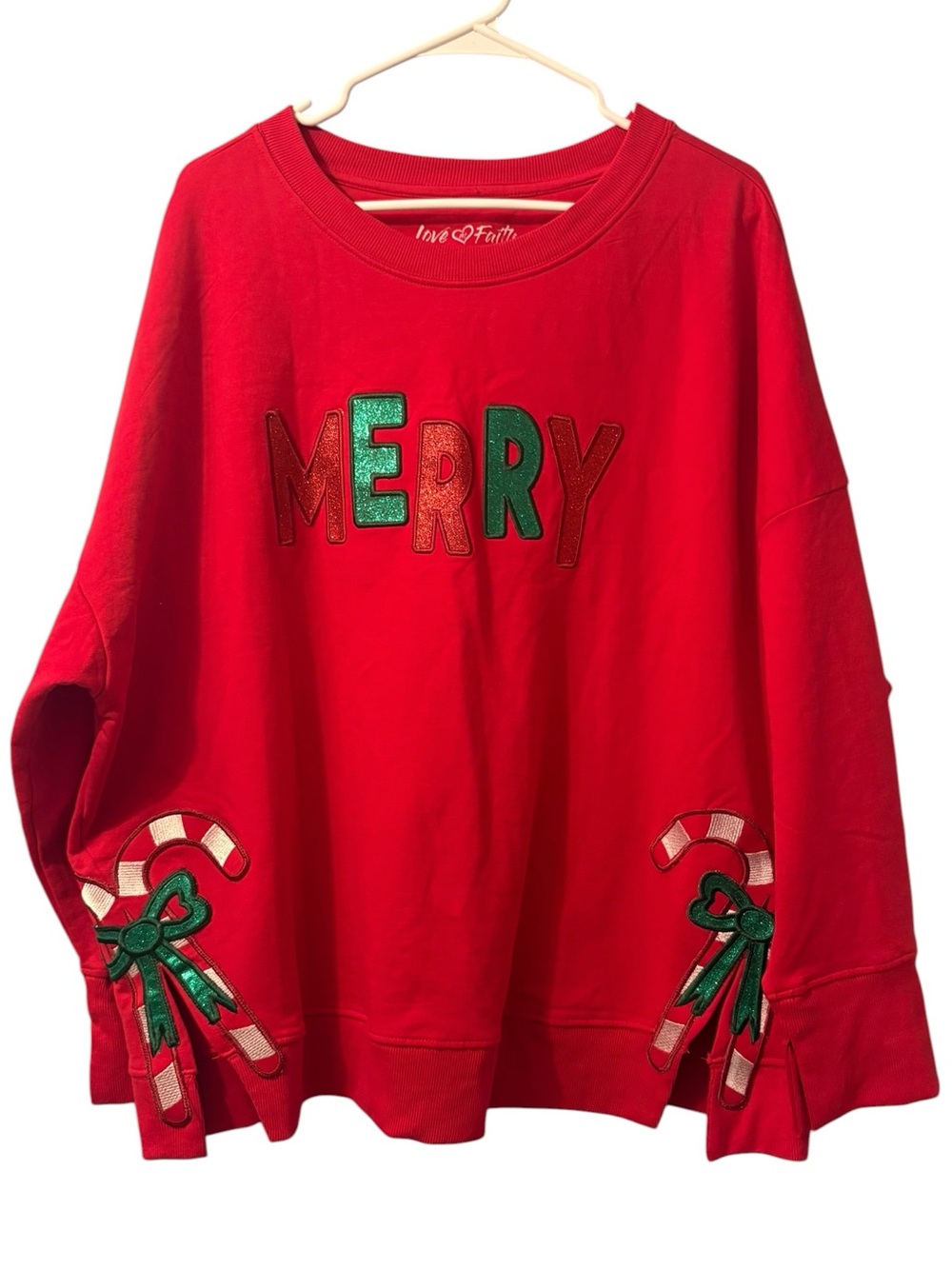 Love in Faith Christmas Sweatshirt Merry Embellished Candy Cane Holiday Size XL